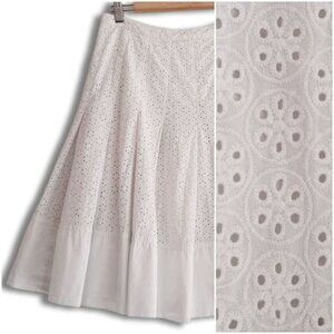 ESPRIT 100% Cotton Floral Eyelet Pleated Knee Length Skirt White Sz 4